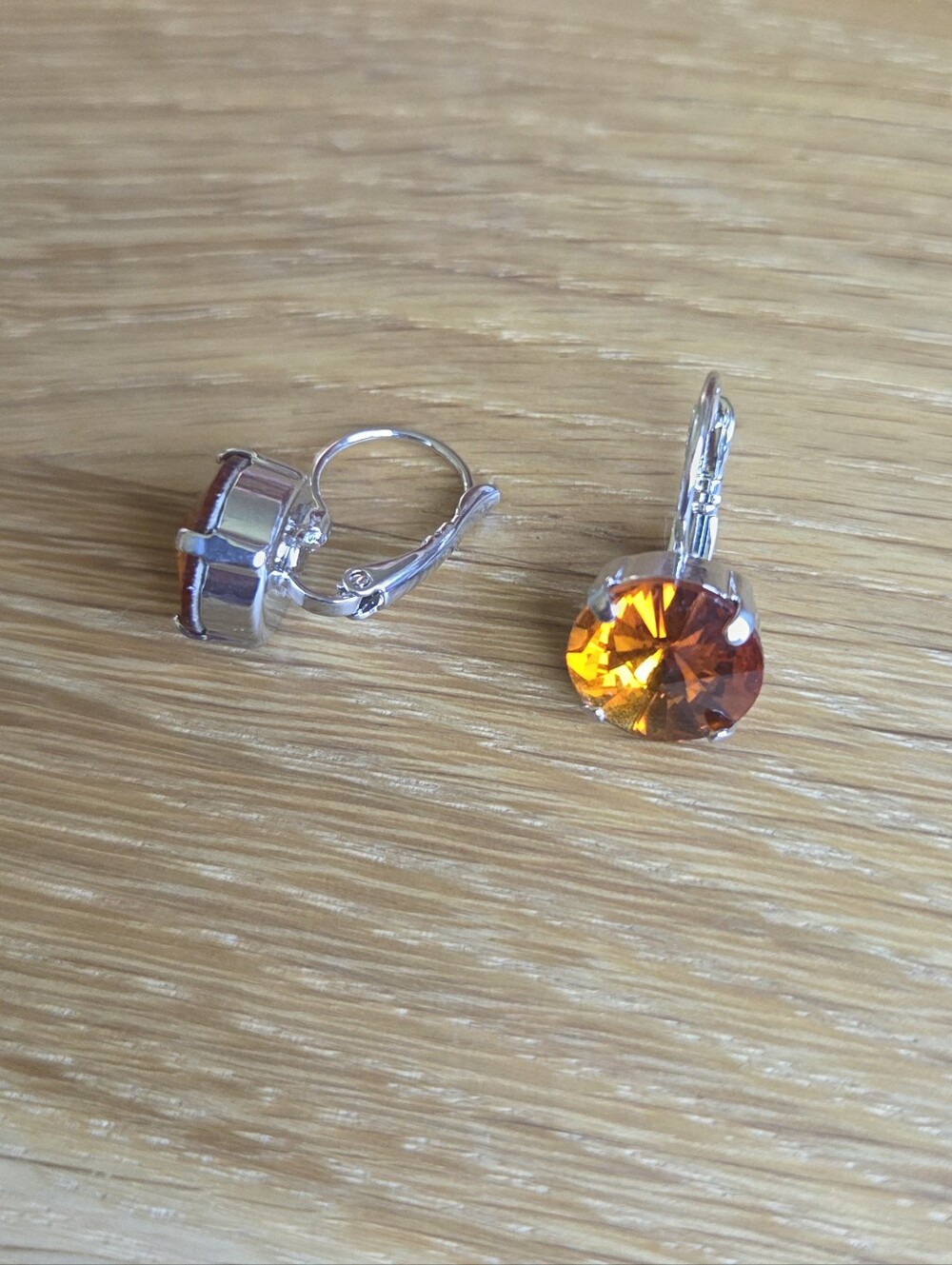 Silver Leverback Earrings with Amber Crystal Drops | Handmade - Picture 3 of 9